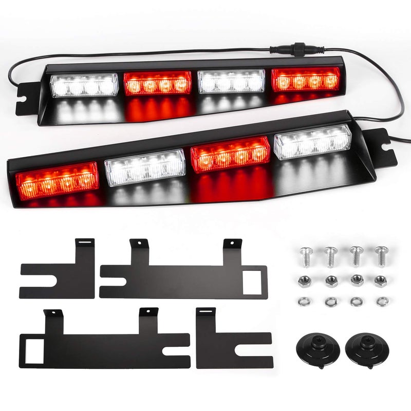 ASPL 32LED Visor Lights 26 Flash Patterns Windshield Emergency Hazard Warning Strobe Beacon Split Mount Deck Dash Lamp With Extend Bracket (Red/White/Red/White) - Image 1
